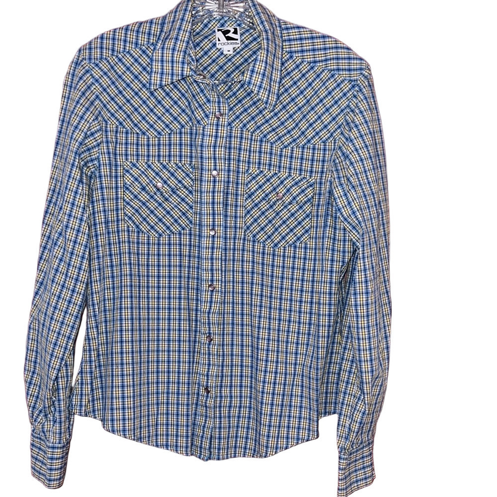 Vintage Rockies Blue and Yellow Plaid Snap Button Cotton Shirt M